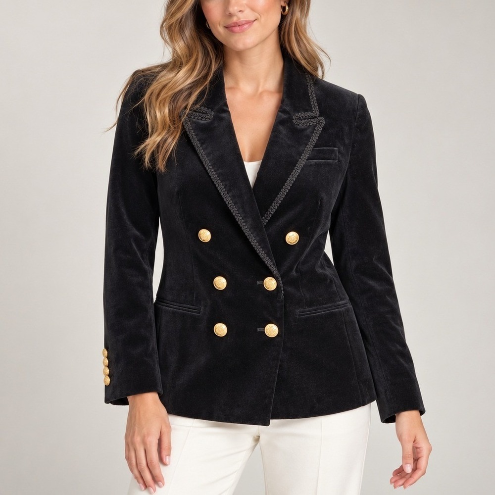 J.Crew Velvet Blazer 2 Black Double Breasted Braided Trim Gold Buttons